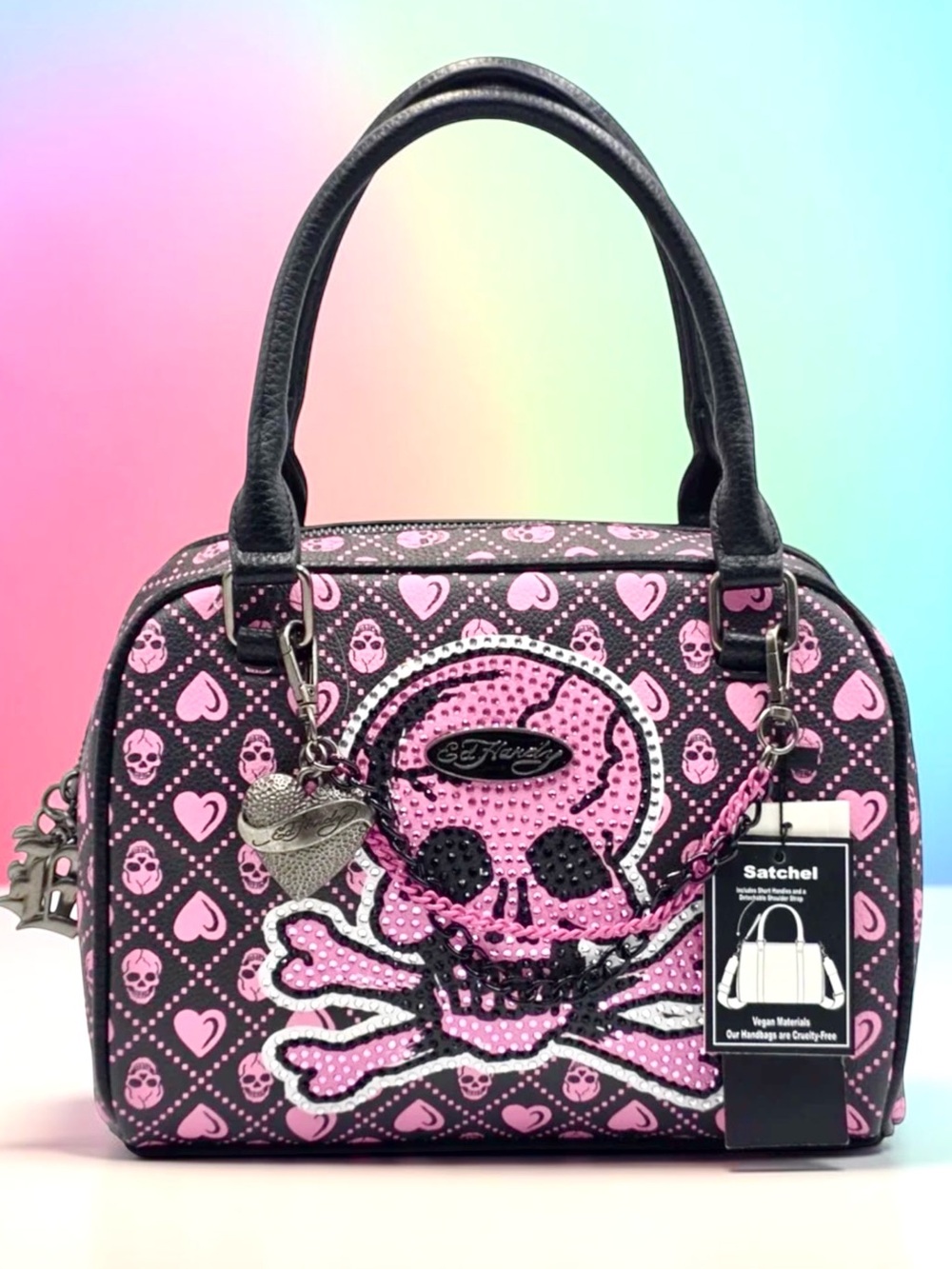 Ed Hardy Skull Crossbones Rhinestone Pink & Black Y2K Punk Satchel- NWT